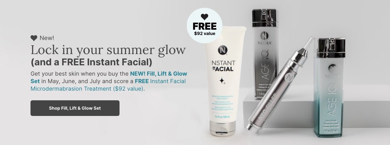 Buy the NEW! Lift, Fill & Glow Set in May, June and July and score a FREE Instant Facial Microdermabrasion Treatment. Featured is the new skincare set.